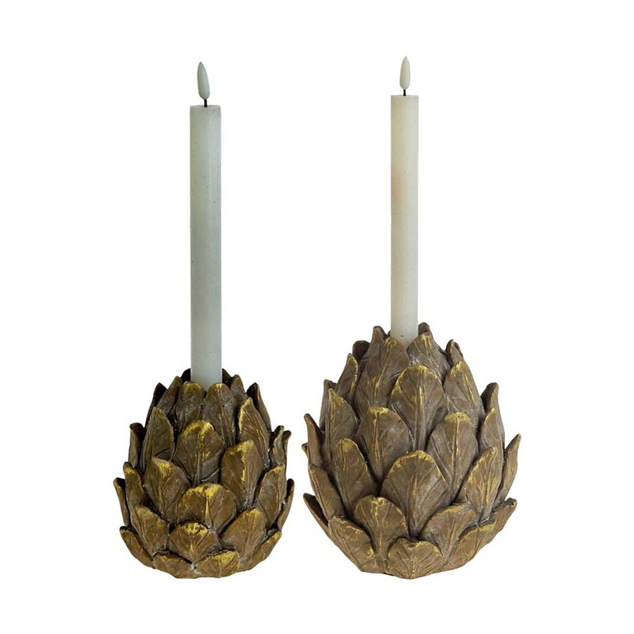 Fenyőtoboz formájú,, barna és aranyszínű, vintage stílusú gyertyatartó.