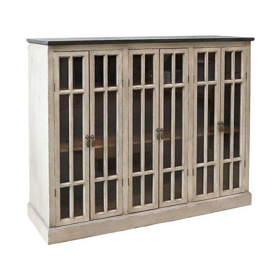 Vintage stílusú, fenyőfából készült, 123 cm hosszú, osztott üvegű, 6 ajtós antikolt vitrines tálaló