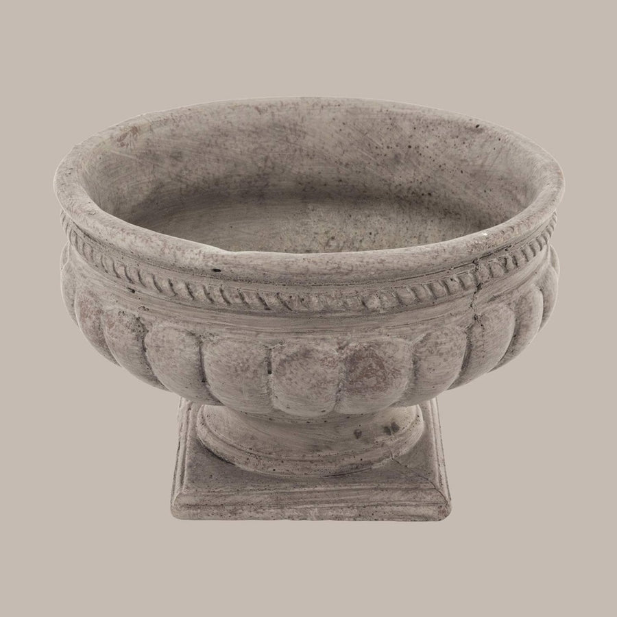 Antikolt szürke színű,, öblös kialakítású, talpas kerámia kaspó tál.