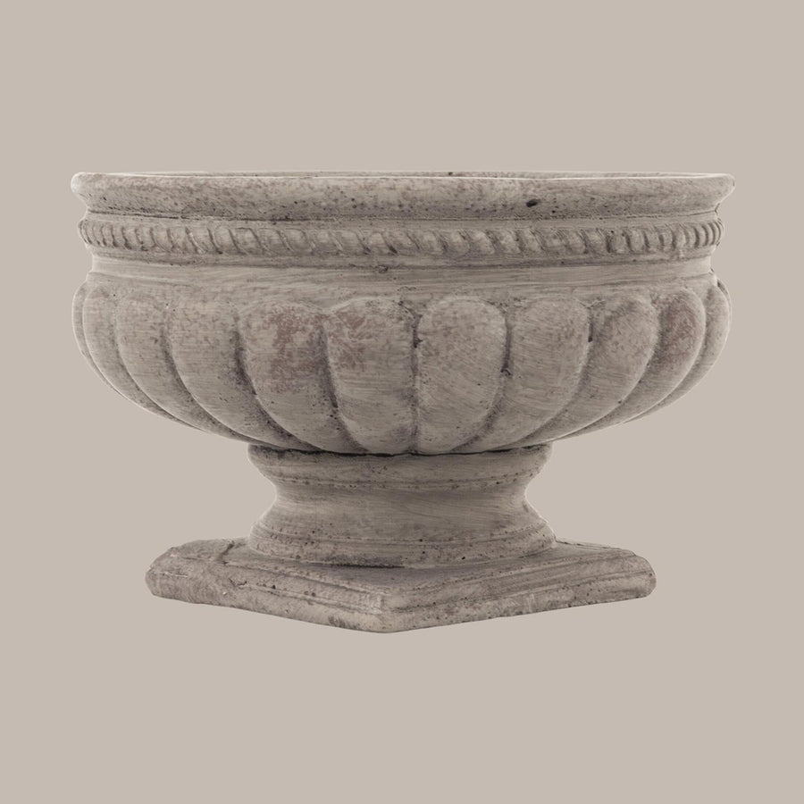 Antikolt szürke színű,, öblös kialakítású, talpas kerámia kaspó tál.