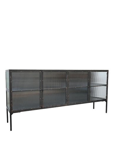 Loft stílusú, 200 cm hosszú, bordázott üvegű, antikolt felületű vitrines fém tárolószekrény